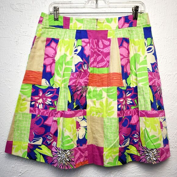 Lilly Pulitzer Floral Patchwork Skirt Pleated Lined Cotton Green Pink-Women's 6 - Picture 2 of 6